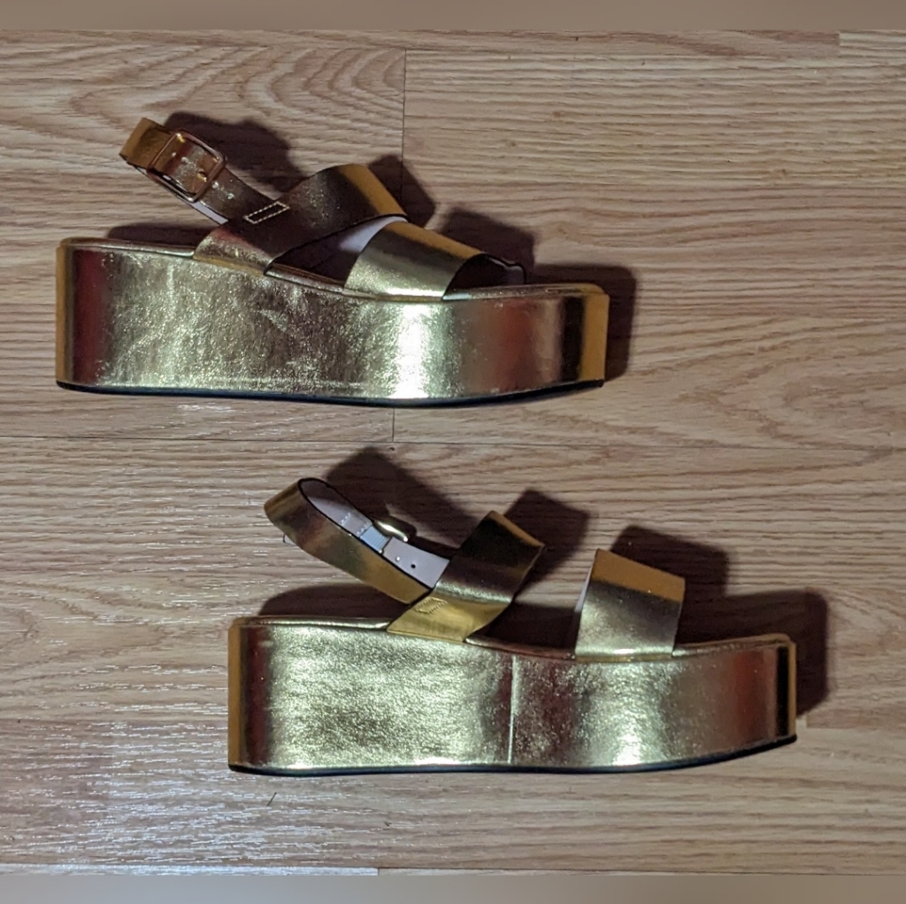 Marina Rinaldi Gold Platform Sandals 38 7.5 Us Leather Retro Disco Spring Resort